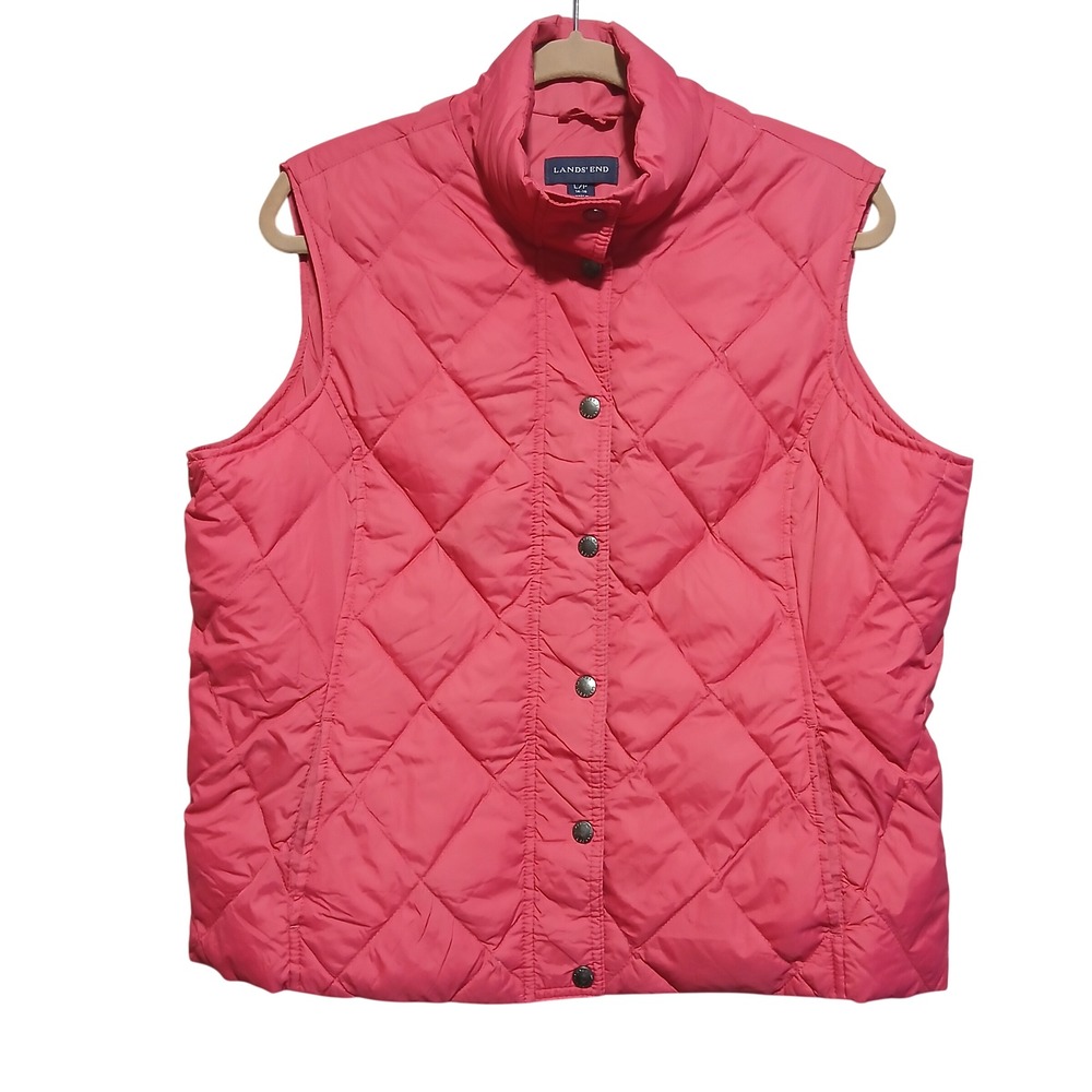 Lands End Women Puffer Vest Coral Pink Quilted Snap Front Size 14 16 L P